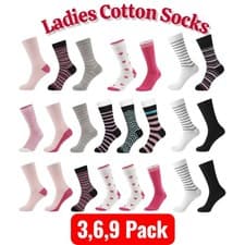 Image of Ladies Cotton Socks 3 6 9 Pack Women Causal Socks Cotton Everyday Socks 4-8 UK