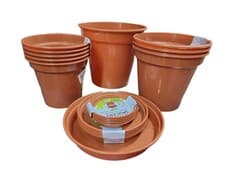 Image of Packs of Plastic Terracotta Plant Pots Garden Flowers Plants or Range of Saucers