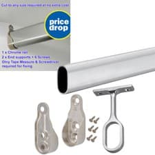 Image of Wardrobe Rail Chrome Hanging Oval Rail All Sizes + Free End Supports & Screw