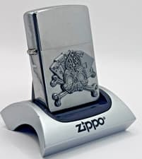 Image of GENUINE Zippo Lighter ROYAL FLUSH SKULL & CROSSBONES EMBLEM Street Chrome NEW