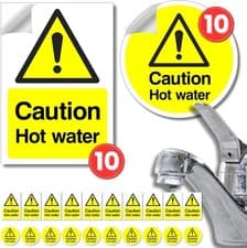 Image of Caution hot Water Stickers 10x each design 20 pack 95mm x 65mm and 70mm diameter