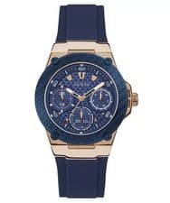 Image of Guess Women's Zena Rose Gold watch, blue dial on blue rubber strap Guess W1094L2