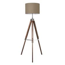 Image of Litecraft Keegan Wooden Tripod Floor Lamp With Taupe Drum Shade - Dark Brown