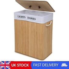 Image of Laundry Basket With Lid 100L, 2 Compartments Bamboo Laundry Hamper With Handles