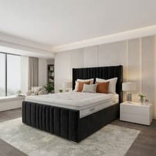 Image of Modern Bedroom Upholstered Panel Bed Frame Plush Velvet GasLift Ottoman Storage