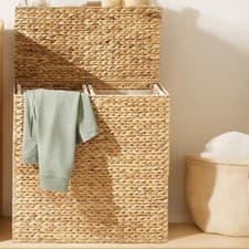 Image of Water Hyacinth Double Laundry Hamper Washing Basket Bin With 2 Compartments Lid