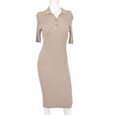 Image of Ribbed Knit Polo Midi Dress Bodycon Minimalist Capsule Stretch Effortless Size S