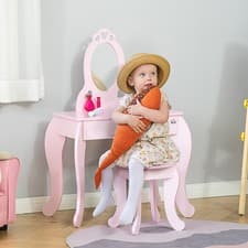 Image of Kids Vanity Table & Stool Girls Dressing Set Make Up Desk with Mirror Pink