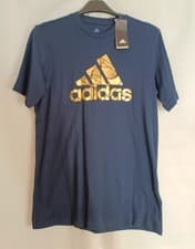 Image of ADIDAS Mens navy gold foil t shirt size Small bnwt (A1055)