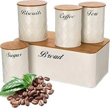 Image of Kitchen Storage Canisters Set 5x Tin Tea Coffee Sugar Bread Jar Bamboo Lid Bin