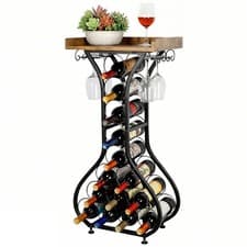 Image of Wine Rack Free Standing Wooden Table Top Black Metal Legs 14 Bottle Holder Racks