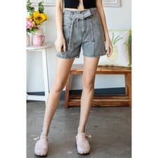 Image of Waist Belted Denim Shorts