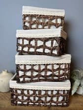 Image of Wicker Lined Log Hamper Baskets Home Storage Dark Brown Weave