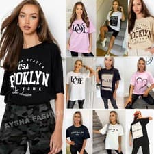 Image of Womens T Shirt Ladies Oversized Baggy Fit Short Sleeve Slogan T-shirt Tee Tops
