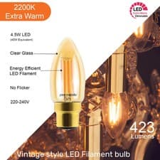 Image of LED Filament Candle Bulb 4.5W=40W Dimmable Energy Saver Extra Warm Bayonet Screw