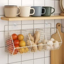 Image of 2PCS Wire Kitchen Baskets Wall-Mounted Adhesive Storage Set with 3 Compartments