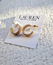 Image of Lauren Ralph Lauren Gold-tone Ribbed Hoop Earrings New With Pouch
