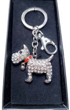 Image of Westie Dog Silver Tone Keyring Clear Rhinestones Red Collar BNIB