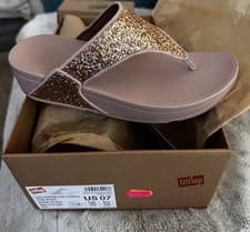 Image of Fitflop UK 5 Lulu Glitter Sparkly Toe Post Thongs Slip On Sandals Rose Gold BNWT