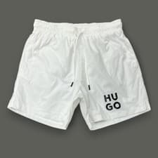 Image of HUGO Men's Quick-Drying Swim Shorts With Stacked Logo Print In White