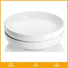 Image of Elegant Large Porcelain Salad Serving Bowls Shallow White Pasta Dishes Set 2
