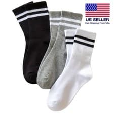 Image of 3 Pairs of Men's Mid Ankle Socks Mono Colors Striped Double Casual Crew Socks