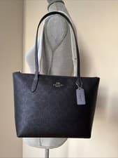 Image of COACH CW396 Fiona Zip Tote Bag In Pearlized Signature Canvas & Leather Blue/Navy