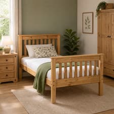 Image of Modern Solid Pine Single Bed Frame – Natural Wood Slatted Design MONICA
