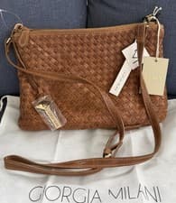 Image of GEORGIA MILANI ~ Italian Leather Woven Crossbody Purse ~ Honey Brown Color SOFT!