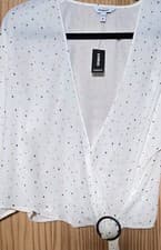 Image of New Express Cream Sheer Crop Wrap Top Metallic Dot Ring Tie Front Size Medium 