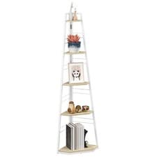 Image of HOMCOM 5-Tier Corner Shelf, Shelving Unit with Adjustable Feet, Natural Wood