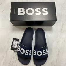 Image of New Hugo Boss Italian Made Slides With Large Logo Detail Aryeh Navy Blue UK 10