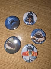 Image of 5 Jaws Cult Movie Pin Button Badges 25mm Killer Shark 1980s Style Pins