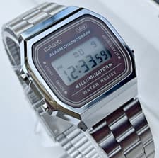 Image of CASIO VINTAGE A168WA-5AYDF UNISEX SILVER DIGITAL BROWN DIAL RETRO WATCH *NEW*