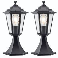 Image of Set of 2 Black Outdoor Post Pedestal Light Six Sided Lantern IP44 Clear Glass