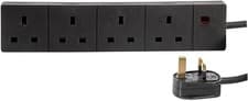 Image of PRO ELEC 4-Gang Mains Extension Lead, 1m Black, 13A UK Plug