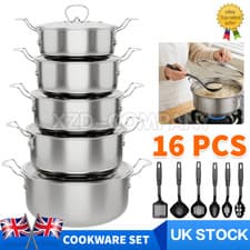 Image of 16PCS Induction Non Stick Stainless Steel Cookware Cooking Pot Pan With Lids Set