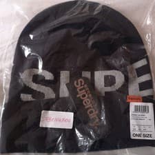 Image of BNWT - SUPERDRY Navy Logo Beanie Hat - New Cellophane Bag Double Layered Black