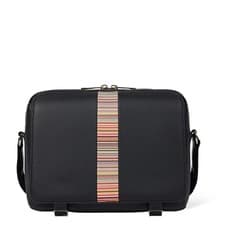 Image of Paul Smith Leather Signature Stripe Trim Messenger Bag Black