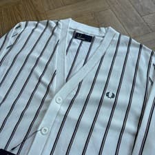 Image of BNWT Fred Perry Club Stripe Cotton Cardigan Jumper Porcelain Mens Size Large