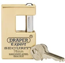 Image of Draper Expert 76mm Close Shackle Solid Brass Padlock with Hardened Steel Shackle