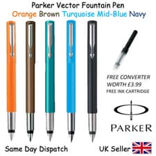 Image of GENIUNE PARKER VECTOR FOUNTAIN PEN NAVY BLUE ORANGE BROWN TURQUOISE FREE GIFTBOX
