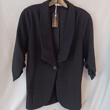 Image of "Beyove" Black Ruched 3/4 Sleeve Women's Blazer Size Medium NWT