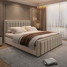 Image of Stripe Line Bed Velvet Upholstered Ottoman Storage Bed Frame with Headboard