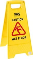 Image of Caution Wet Floor/Cleaning In Progress Folding Warning Floor Stand Sign - Yellow