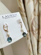 Image of Lauren Ralph Lauren Gold-Tone Blue Stone Drop Earrings New with pouch
