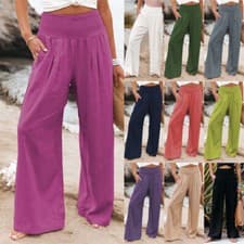 Image of Womens High Waist Cotton Linen Trousers Ladies Casual Baggy Wide Leg Yoga Pants