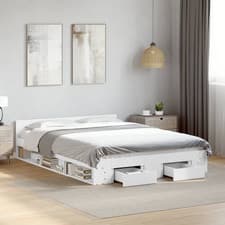 Image of Bed frame White 150x200cm King Engineered Wood Modern Storage Bed with Drawers.