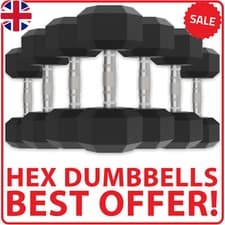 Image of HEX DUMBBELLS SET PAIR ERGO IRON HAND WEIGHTS RUBBER ENCASED HEXAGONAL GYM FIT