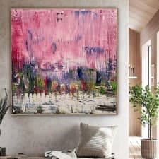 Image of Textured Original Abstract Oil Painting On Canvas 80x80cm Pink Horizon Like Oka